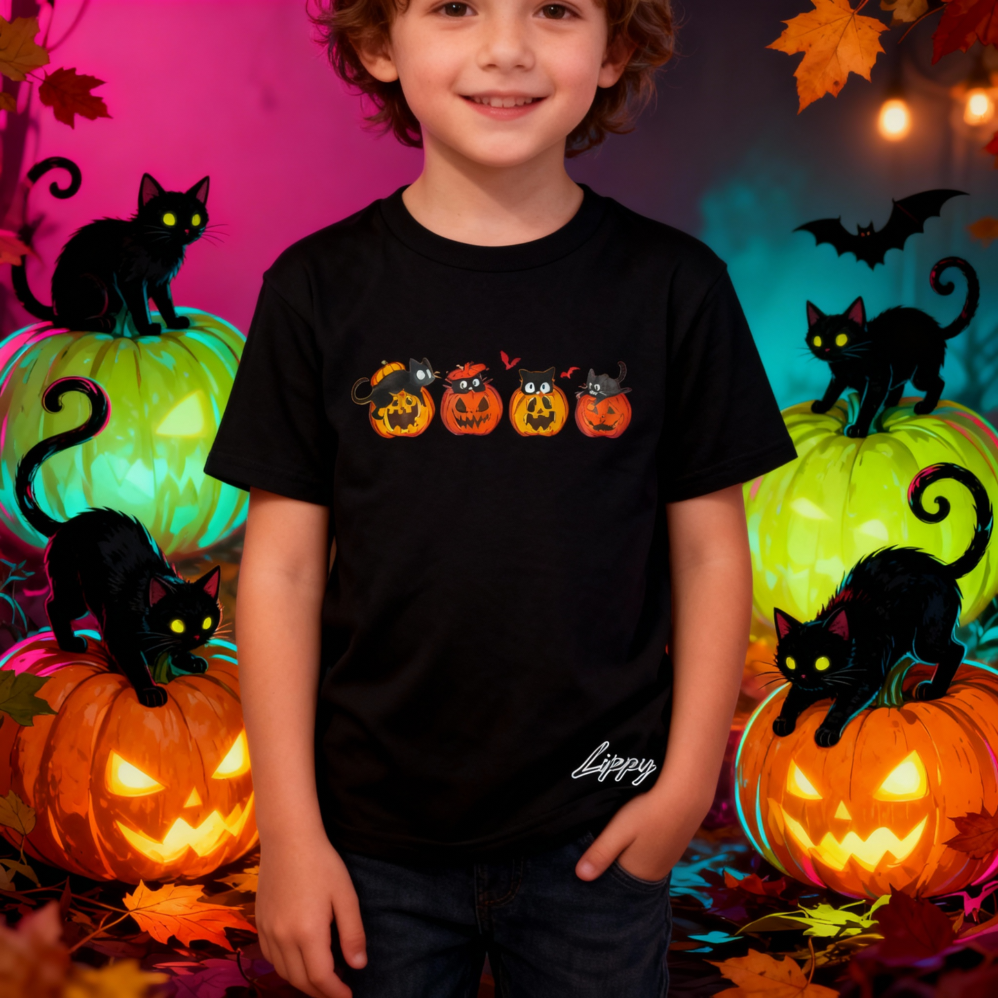 Kids Cats and Pumpkins Tee